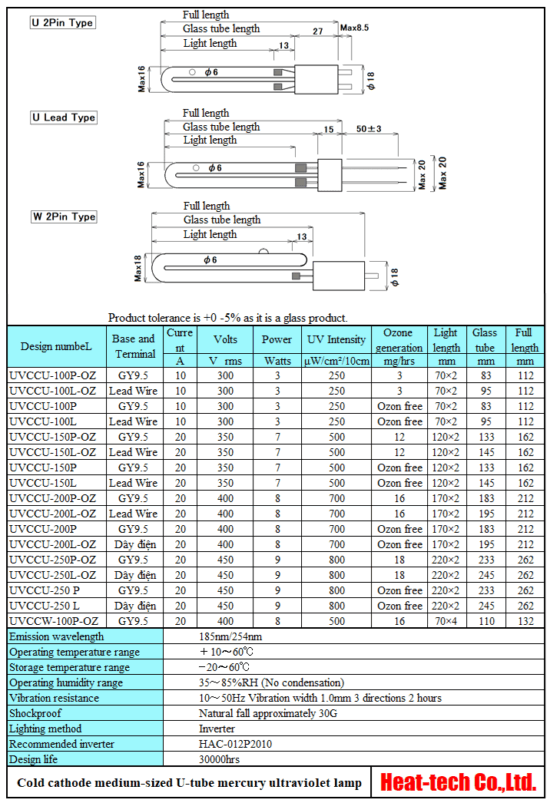 Cold cathode medium-sized U tube ultraviolet lamp UVCCU/UVCCW series