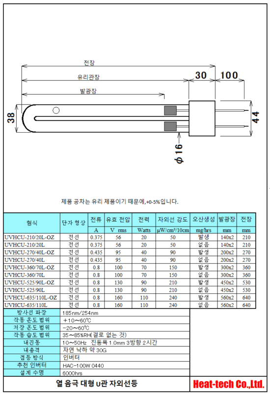 열 음극 대형 U관 자외선등 UVHCU 시리즈