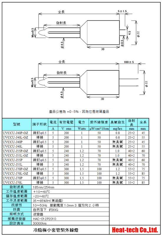 冷陰極小外套管紫外線燈UVCCU-J系列