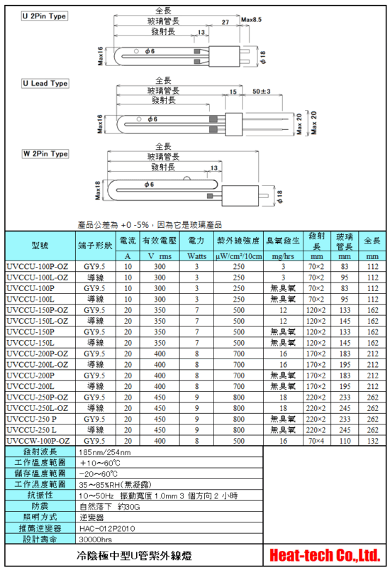 冷陰極中型U管紫外線燈UVCCU/UVCCW系列